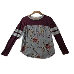 Rewind Burgundy Gray Floral Raglan Sleeve Top Tunic Shirt Size M